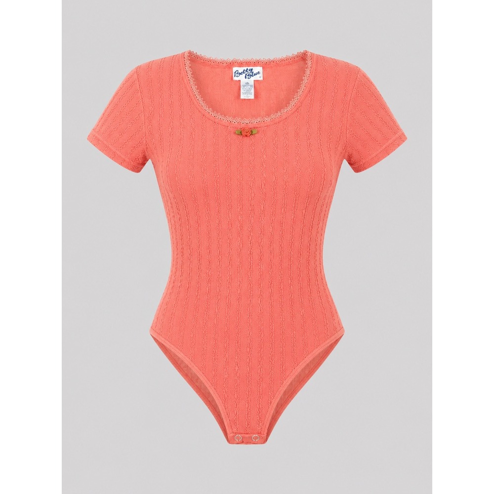 Vintage Betty Blue Pink Textured Bodysuit Lace Trim 90s Grunge‎ Medium NWT